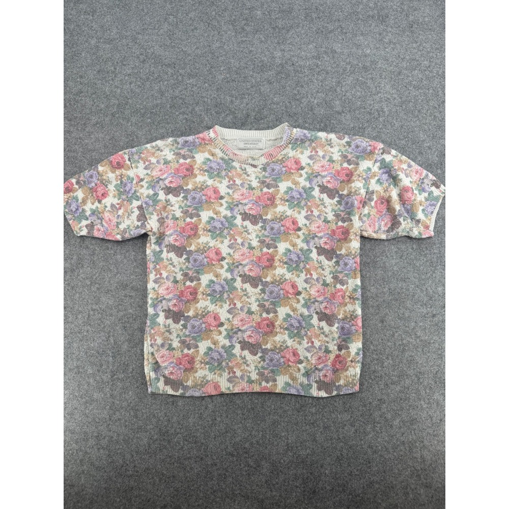 United States Sweaters Vintage Floral Knit Short Sleeve Top Pink Purple USA Made